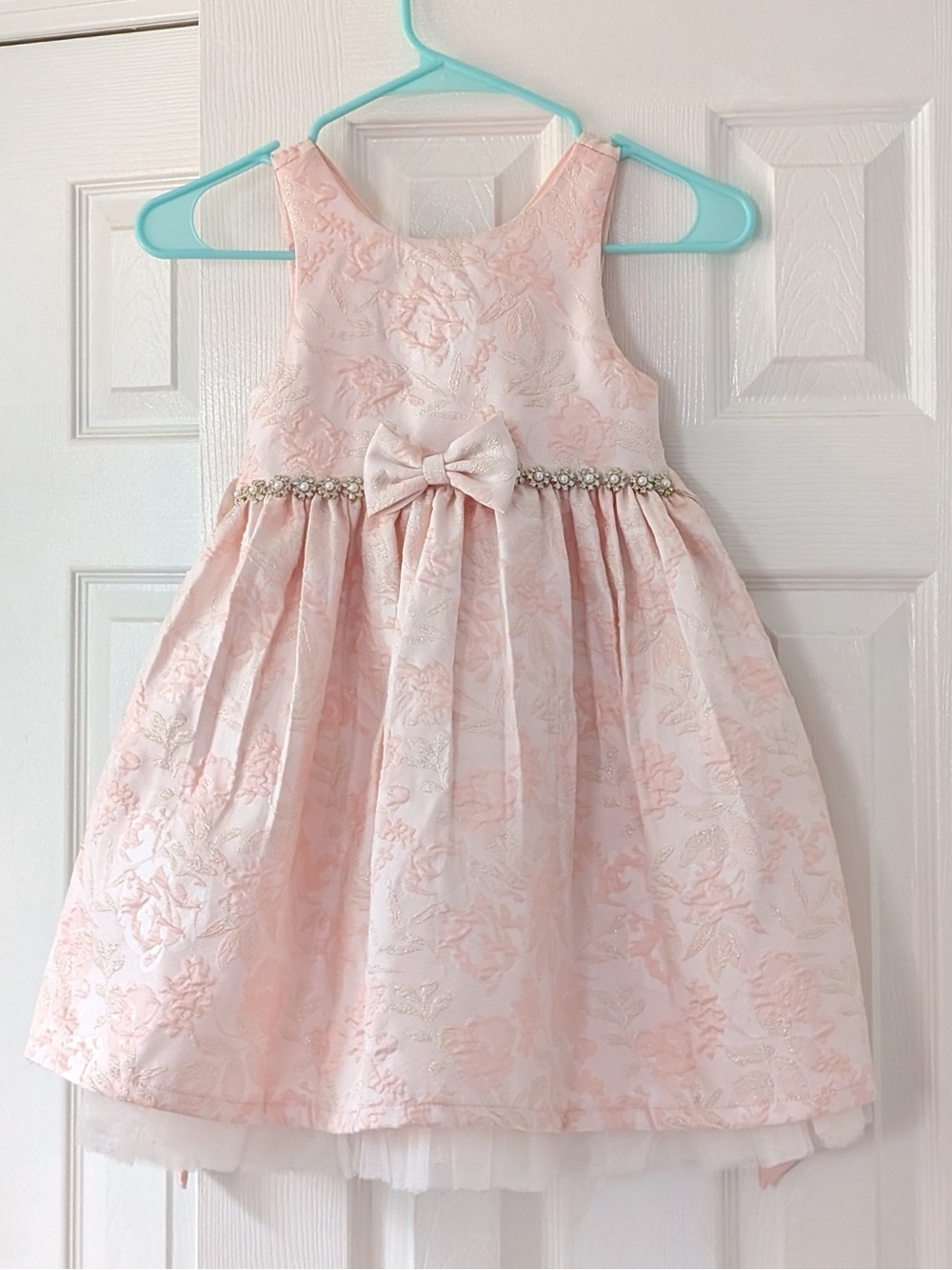 American Princess Light Pink Floral Jacquard Bow Dress